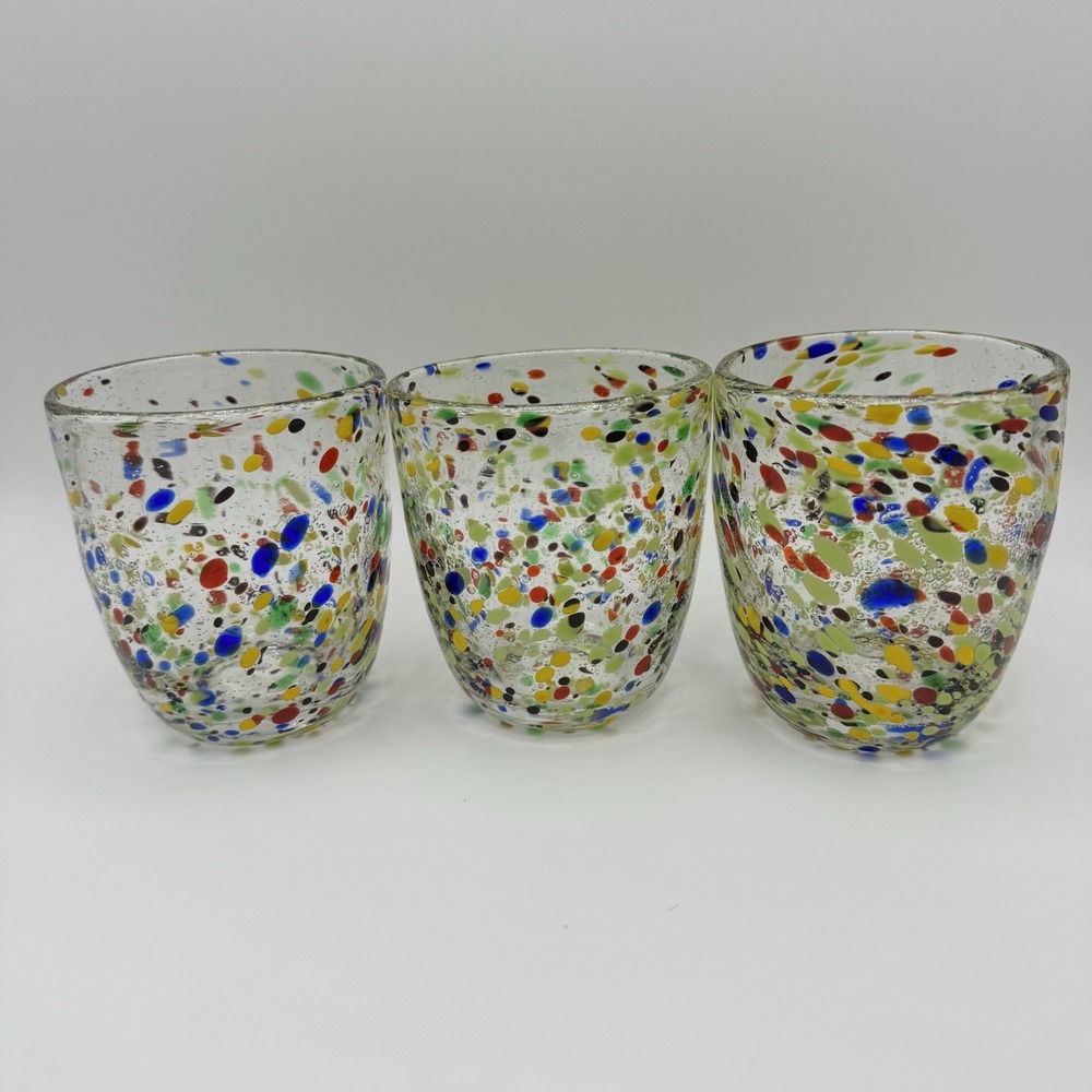 3 Confetti Low Ball Glass Tumblers Thick Hand‎ Blown Textured Recycled